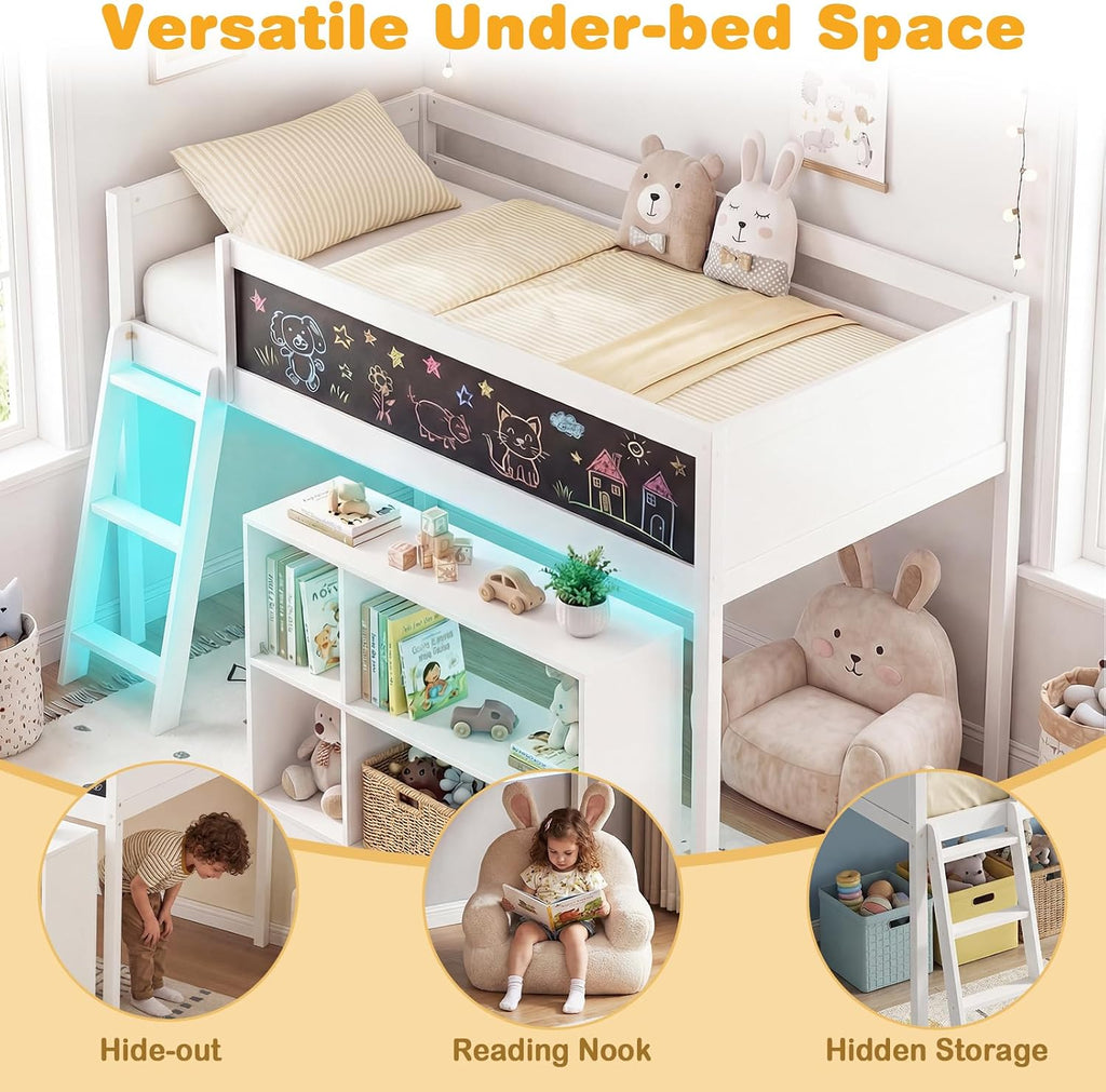 Giantex Low Loft Bed with LED Lights, Twin Size Bed Frames for Kids w/Chalkboard, Removable Bookcase & Under-Bed Storage Space, Wood Loft Beds with Stairs, Safety Guardrail for Girls Boys (White)