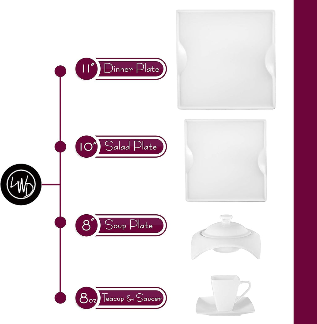 Little White Dish 20 Piece Porcelain Dinnerware Set White Square - Designer Dishware - Dinner Plates, Salad Plates, Soup Bowls, Teacups and Saucers - Service for 4