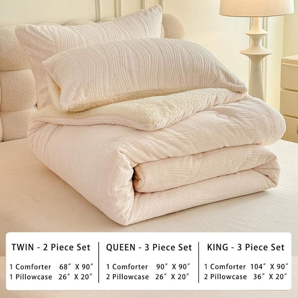 tohrisa 3D Striped Jacquard Sherpa Comforter Set King Size, Geometric Pattern Boho Quilt Bedding 3 Pieces Warm Cozy Fuzzy Comforter with 2 Pillowcases(104'X90' Ivory White)