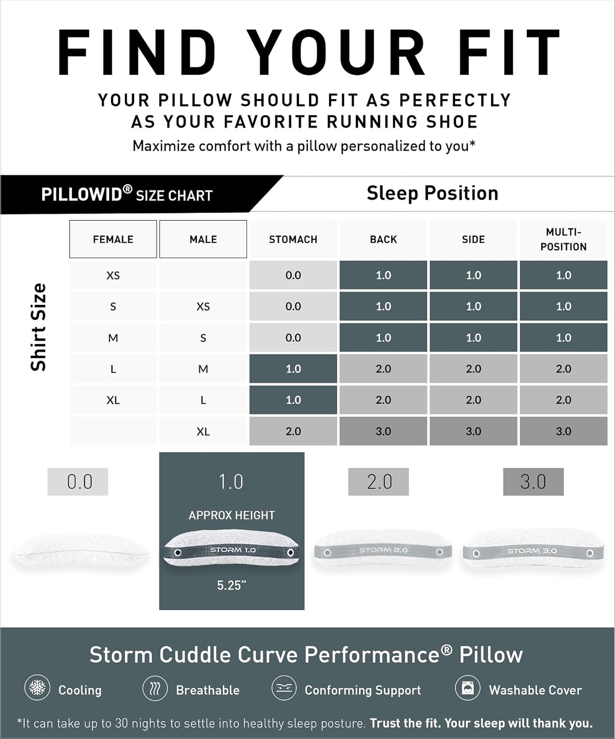 Bedgear Storm Cuddle Curve Performance Pillow, 1.0 Cooling Pillow for Side Sleepers, Medium Firm Support, Ver-Tex Cooling Cover, Air-X Mesh, Washable