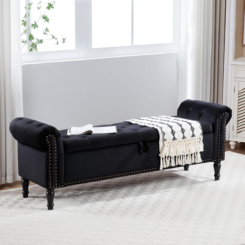 67'' Storage Bench for Bedroom End of Bed, Storage Bench for King Size Bed, Upholstered Tufted Storage Ottoman Benches with Arms for Living Room Entryway,Velvet Black