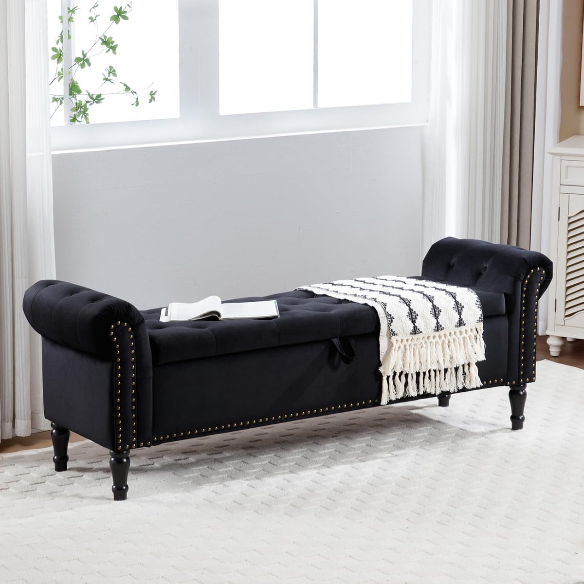 67'' Storage Bench for Bedroom End of Bed, Storage Bench for King Size Bed, Upholstered Tufted Storage Ottoman Benches with Arms for Living Room Entryway,Velvet Black