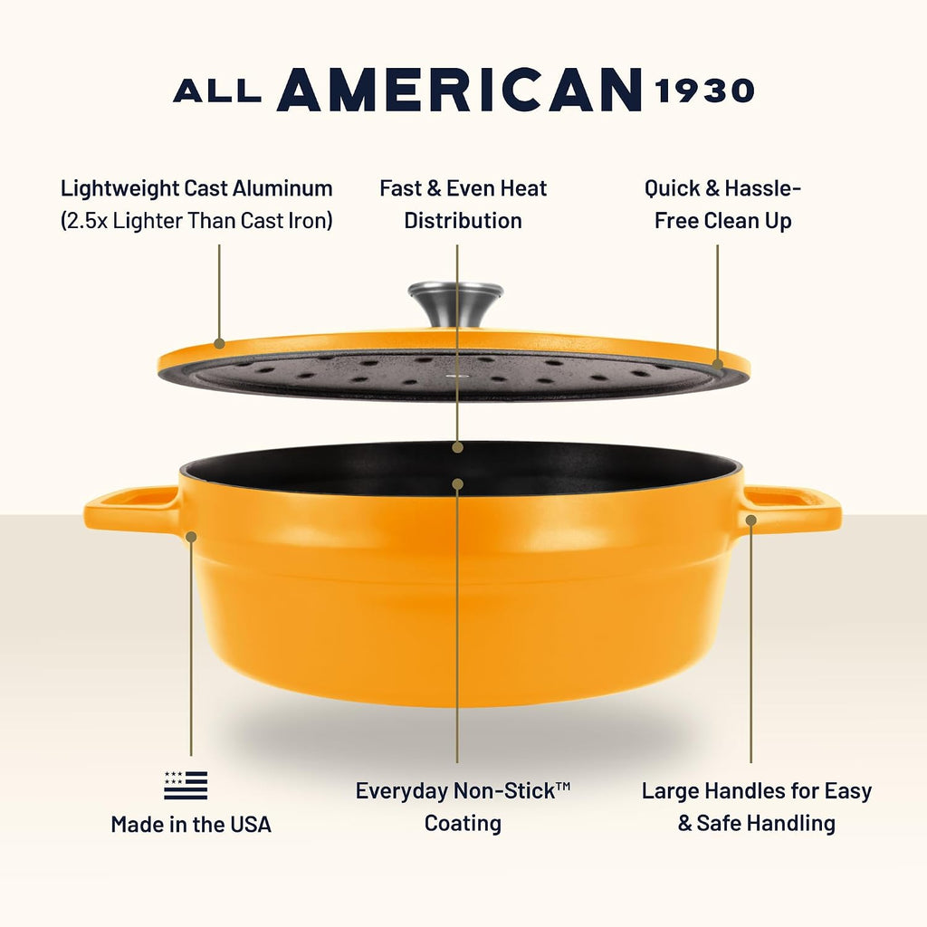 All American 1930 - Dutch Oven - The Saucier Set, Mustard Yellow - 5.5qt Capacity - Perfect for Sauces, Soups & Simmering - Non Stick & PFAS Free - Made in the USA