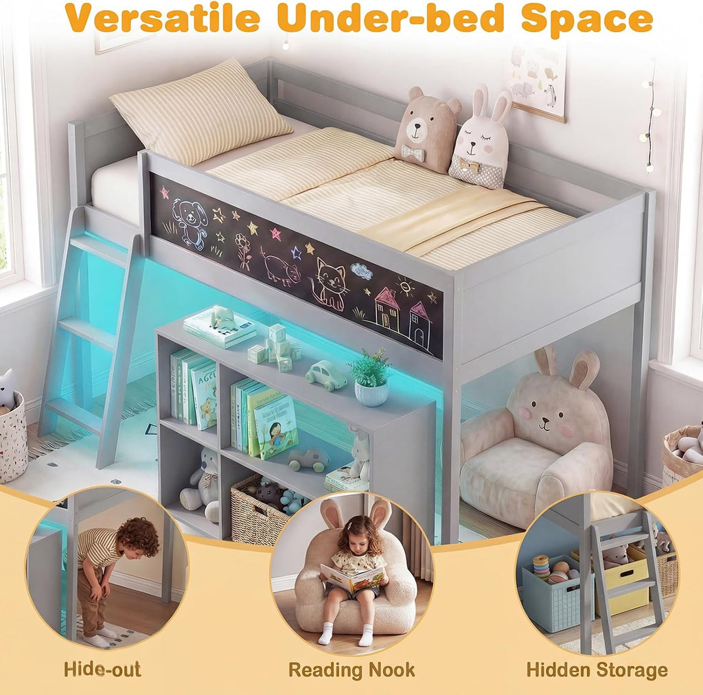 Giantex Low Loft Bed with LED Lights, Twin Size Bed Frames for Kids w/Chalkboard, Removable Bookcase & Under-Bed Storage Space, Wood Loft Beds with Stairs, Safety Guardrail for Girls Boys (Grey)