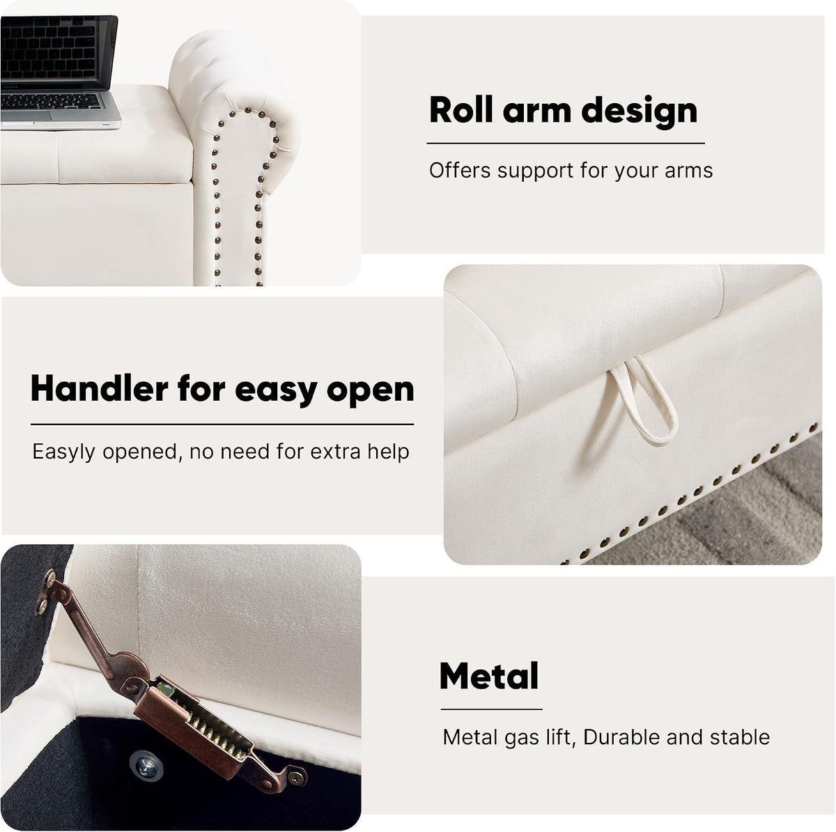 Storage Bench for Bedroom, 51' Upholstered End of Bed Bench, Velvet Queen Size Benches with Rolled Arms, Tufted Button Storage Long Ottoman, Living Room, Entryway, Beige
