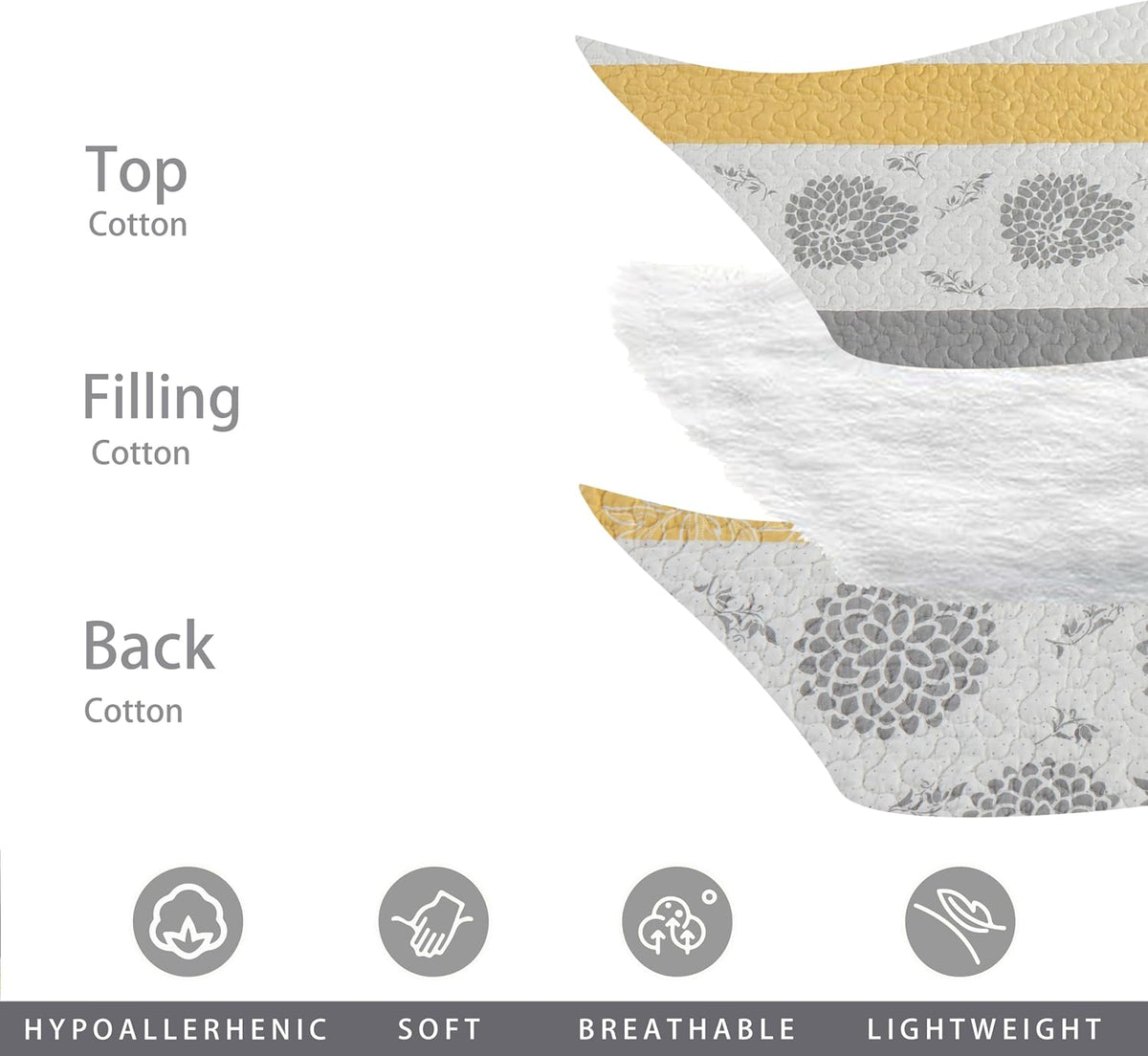 Homzard Quilt Queen Size-Comforter Queen Bedding Set,Yellow Gray White All Cotton Quilted Bedspread, Striped Floral Pattern Quilt Set,Lightweight Paisley 3 Piece,All Seasons