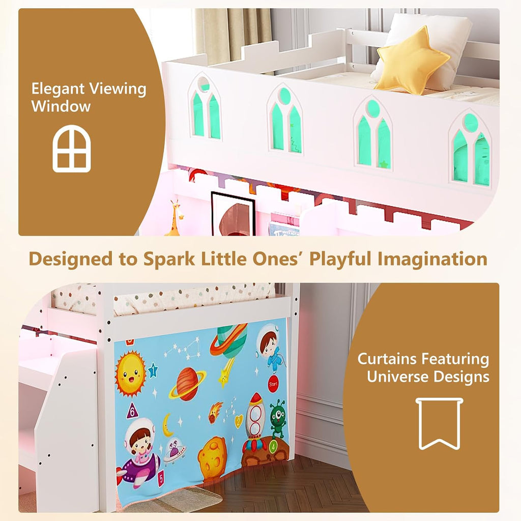 JOYMOR Low Loft Bed with LED Lights, Twin Loft Bed with Stairs, Safety Guardrail, Curtain, Wooden Bed Frame for Kids with Storage Bookcase and Under-Bed Play Space (White)