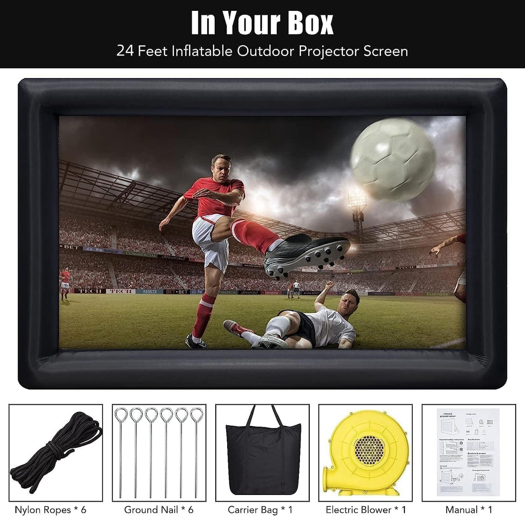24FT Inflatable Cinema Screen IPX4,250W Turbo Blower & Geo-Anchor Spike System,Dual-View Projection (Front/Rear) with 92% NTSC Gamut for Drive-in Theaters, Sports Arenas, Camping Events