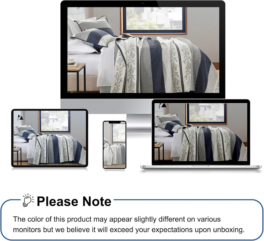 Stripe Quilt King Size - 100% Cotton Lightweight King Quilt Bedding Set, Vintage Vine Pattern Quilted Bedspread with 2 Pillow Shams, Farmhouse Printed Bed Coverlet for All Season, Navy/Gray