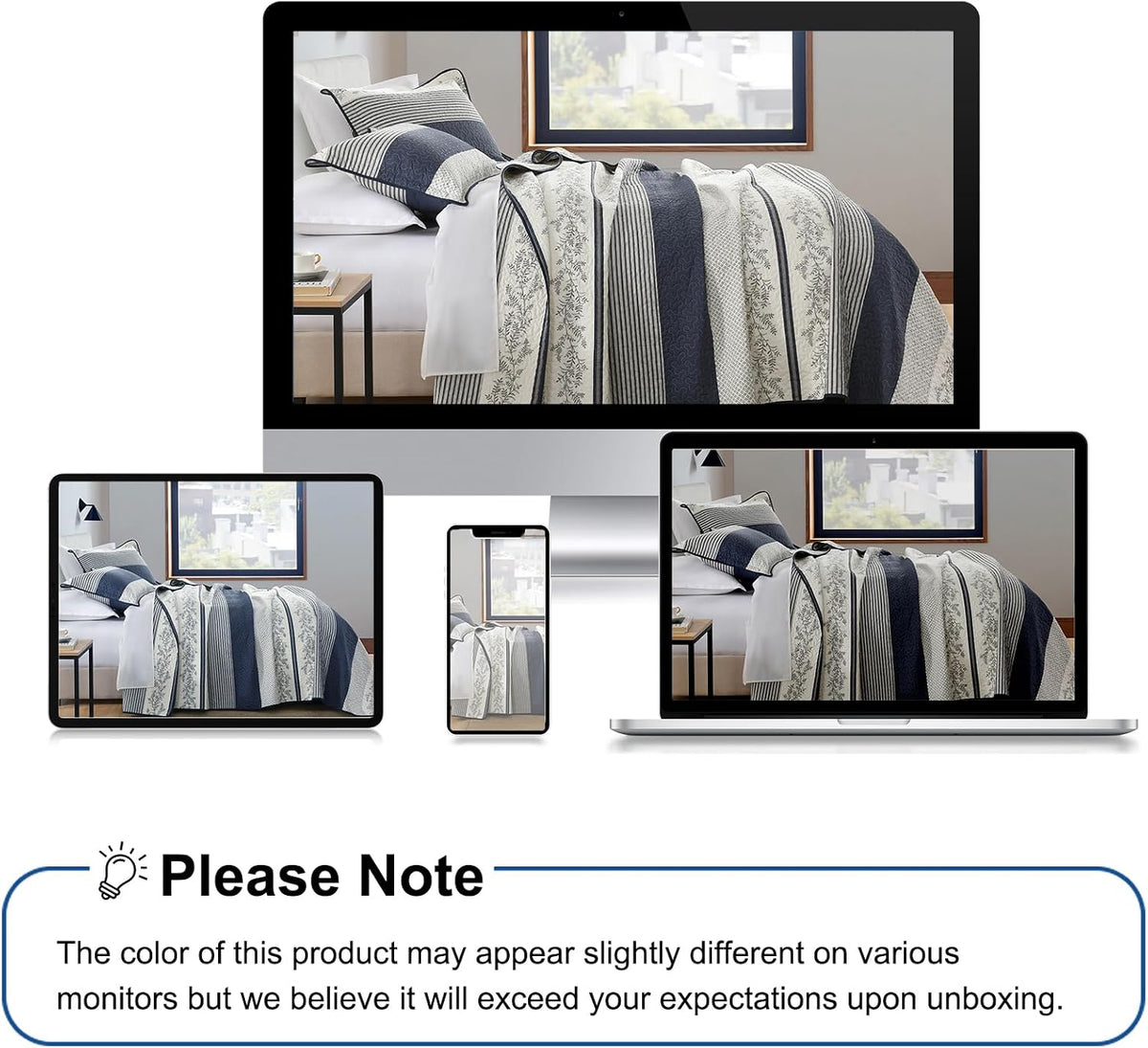Stripe Quilt King Size - 100% Cotton Lightweight King Quilt Bedding Set, Vintage Vine Pattern Quilted Bedspread with 2 Pillow Shams, Farmhouse Printed Bed Coverlet for All Season, Navy/Gray