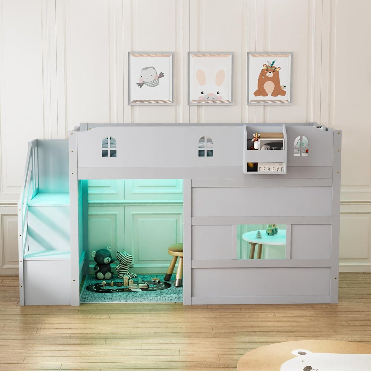 JOYMOR Low Loft Bed with LED Lights, Twin Loft Bed with Stairs, Safety Guardrail, Curtain, Wooden Bed Frame for Kids with Storage Staircase and Under-Bed Play Space,Smoky Gray