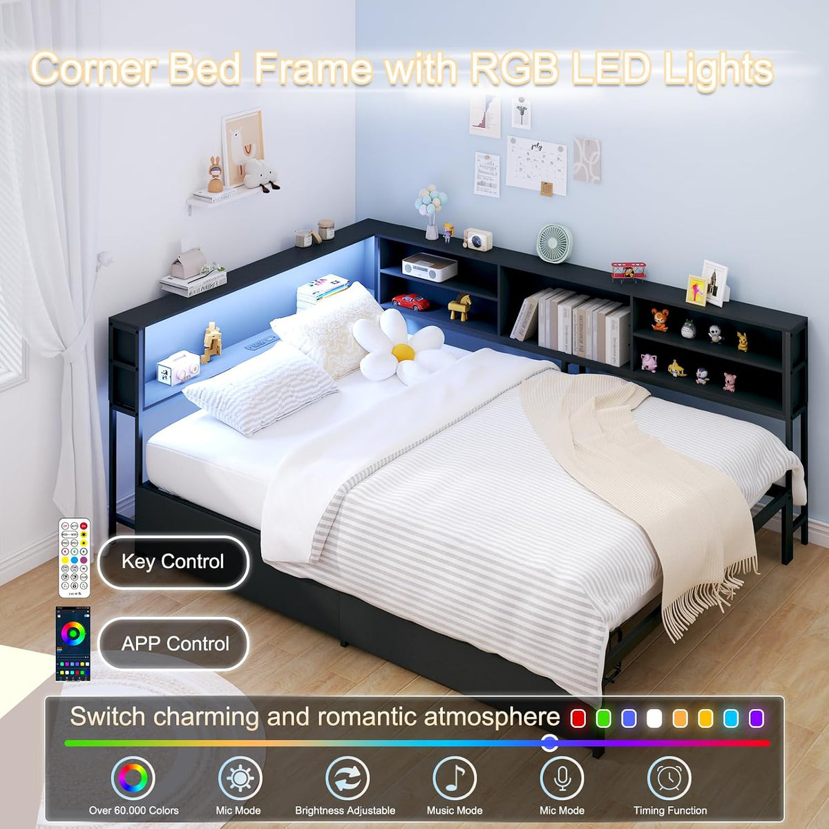 Corner Bed Frame Full with Storage, L Shaped Daybed for Kids,Full Corner Bed with Drawers, Shelves, RGB LED Lights & Charging Station, Sturdy Metal Kids Full Bed for Girls Boys,Black