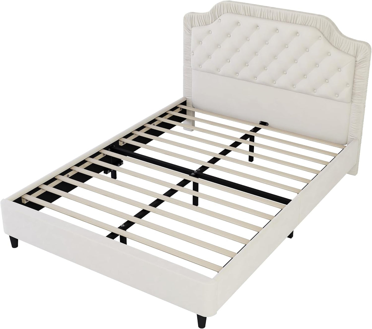 2-Pieces Bedroom Sets, Queen Size Tufted Velvet Upholstered Platform Bed with Storage Ottoman Bench for Kids Teens Adult Bedroom, Wood Slat Support, No Box Spring Needed (White-20c)