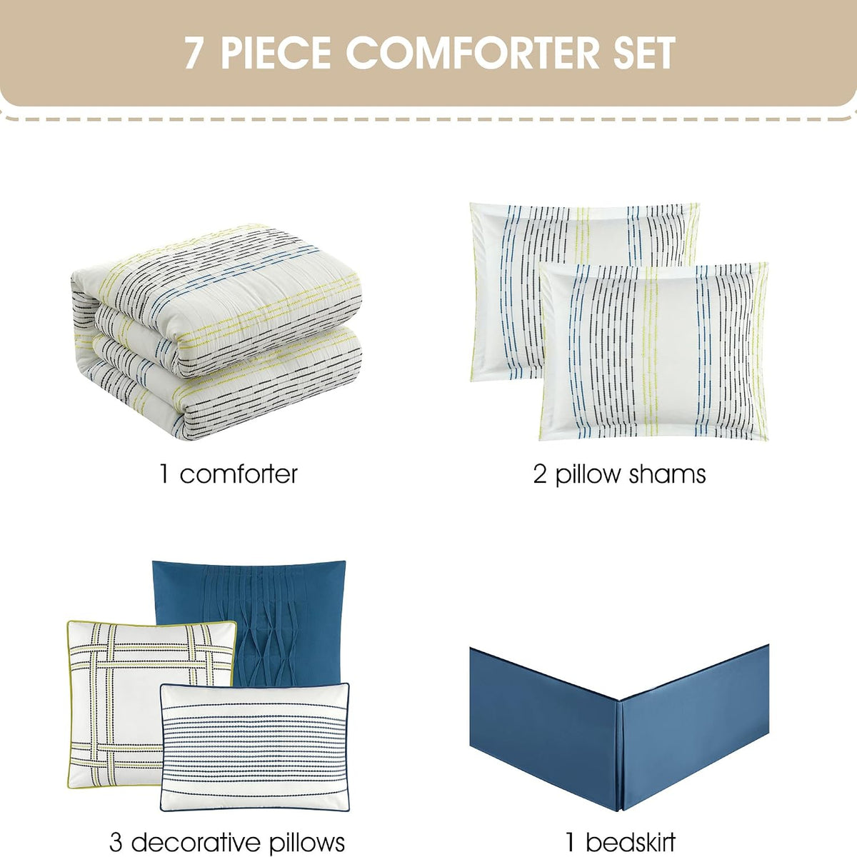 Stratford Park White Blue Comforter Set King Size, 7 Piece Geometric Jacquard Bedding Set, Matching Bedskirt, Pillows & Shams, Curtains