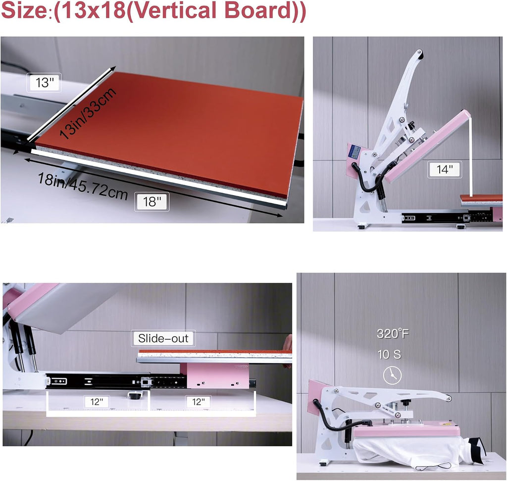 13' x 18' Semi-Auto Heat Press Machine for T-Shirts, Auto Open&Slide-Out Base, Clamshell Pull Out Lower Platen, 1200W Digital Sublimation Printer, Vinyl, DIY & Small Business (Pink, W13*L18)