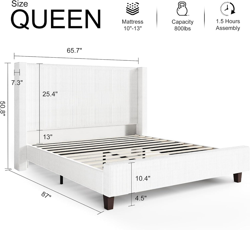 HOWE Queen Size Bed Frame with 50.8' Tall Wingback Headboard, Modern Corduroy Upholstered Platform Bed Frame with Solid Wood Slats & Legs, No Box Spring Needed, Noise-Reducing Design, White