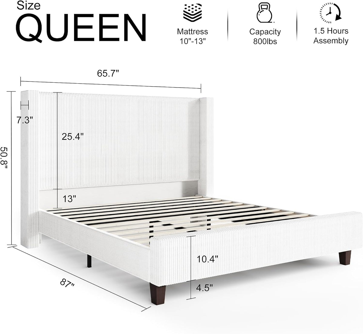 HOWE Queen Size Bed Frame with 50.8' Tall Wingback Headboard, Modern Corduroy Upholstered Platform Bed Frame with Solid Wood Slats & Legs, No Box Spring Needed, Noise-Reducing Design, White