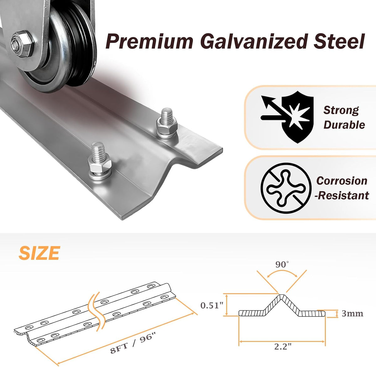 16ft V-Track for Sliding Gates, Galvanized Steel Heavy-Duty Inverted V-Groove Track with Hammer Drive Anchors, Durable & Rust-Resistant Rolling Gate Rail for Driveways Systems(8FT2PCS)