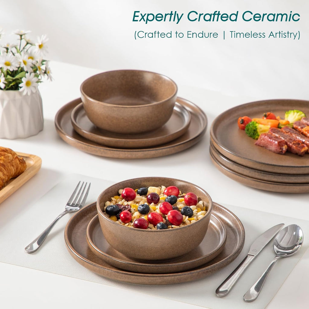 vancasso Plates and Bowls Sets, 24 Pieces Stoneware Dinnerware Set for 8, Ceramic Dish Set for Kitchen, Microwave and Dishwasher Safe, Muted Brown, Series ZERMATT