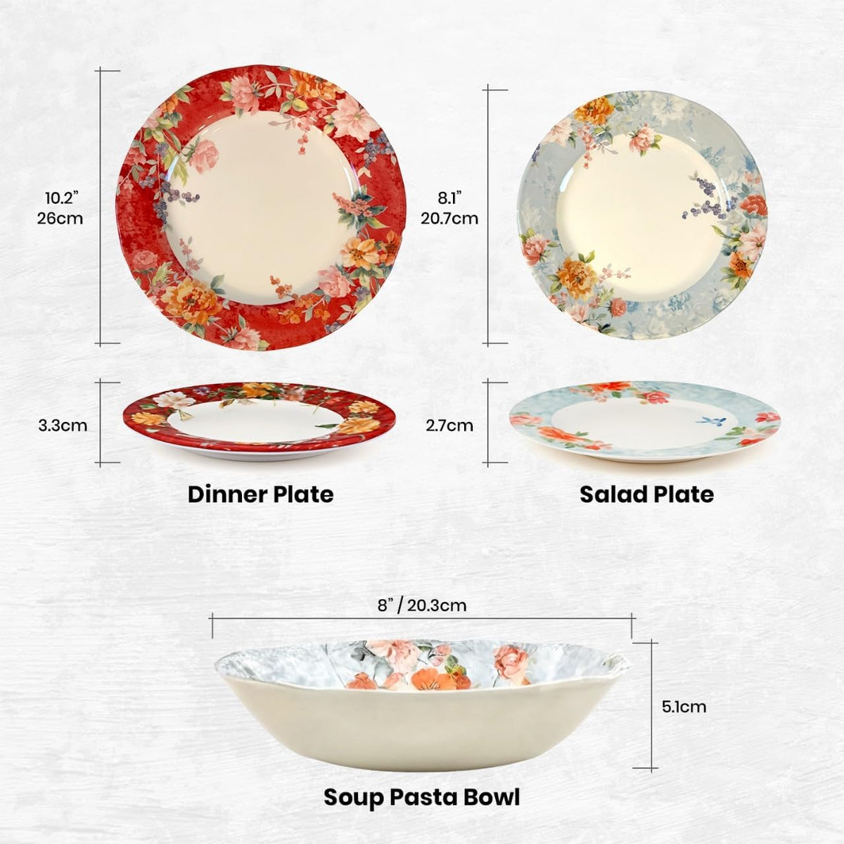 TUDOR Royal Collection 12-Piece Round Porcelain Dinnerware Set, Service for 4 with Dinner Plates, Bowls, and Salad Plates, Crimson Summer Floral Unique Design, Gloss Finish, Durable & Premium Quality