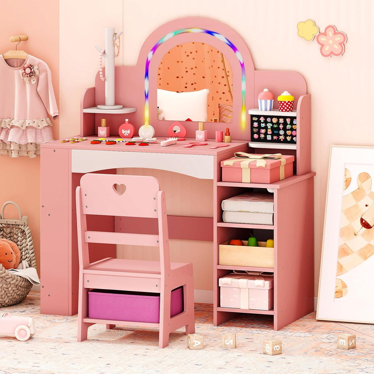 Costzon Kids Vanity, Girls Vanity Set with Lighted Mirror, Bookshelf, Jewelry Storage, Toddler Makeup Vanity Desk Dressing Table, Wooden Kids Vanity Table and Chair Set (Pink)