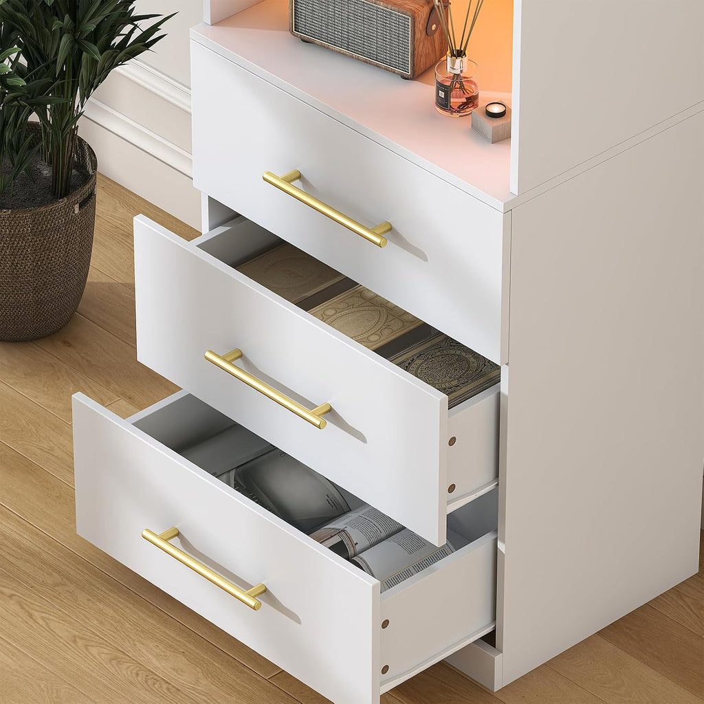 Winkalon 71'H White Bookshelf with LED Light, Bookcase and Bookshelf with Drawers, Tall Bookcase Tall Storage Cabinet 3-Tier Open Shelves for Home Office Living Room Hallway, 13.8'D x 23.6'W x 70.9'H