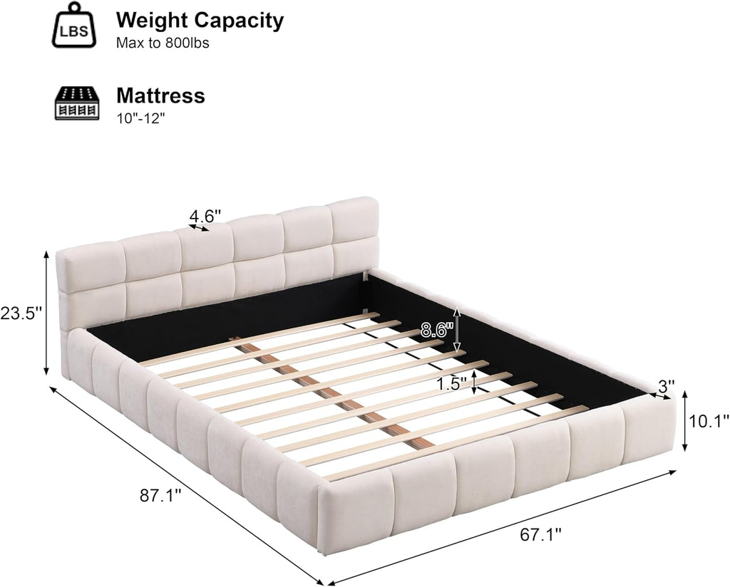 JIJIWANG Elegant Queen Size Upholstered Platform Bed，Boucle Ground Platform Bed with Checkerboard Design Thick Headboard and Footboard, Block Style, Beige