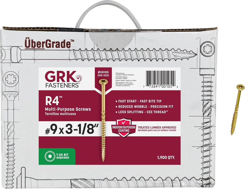 GRK Fasteners R4™ #9 x 3-1/8 Inch, Multi-Purpose Framing Screws, 1900 PCS, Rust Resistant Climatek™ Coating, Outdoor Fencing and Deck Screws, Fast Bite Tip, Star Drive Recess, Gold