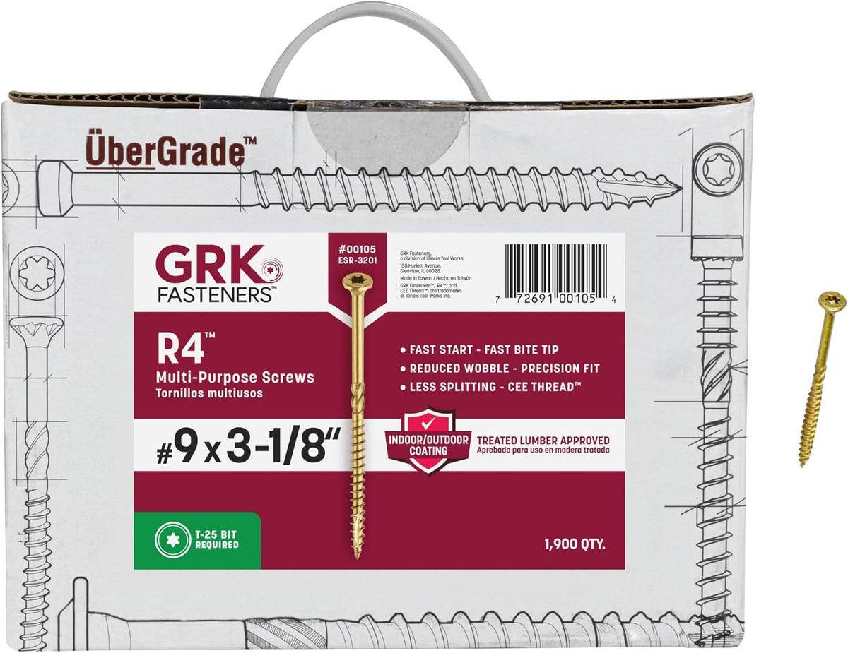 GRK Fasteners R4™ #9 x 3-1/8 Inch, Multi-Purpose Framing Screws, 1900 PCS, Rust Resistant Climatek™ Coating, Outdoor Fencing and Deck Screws, Fast Bite Tip, Star Drive Recess, Gold