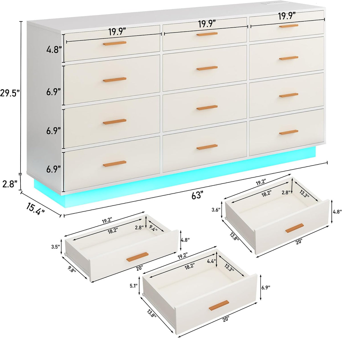 chartustriable White 12 Drawers Dresser w/Power Outlet,60000-Colors Lights for Kids Bedroom,Modern 63In Long Dresser for Closet,Wooden Tall Dressers w/Large Storage for Entryway,Hallway