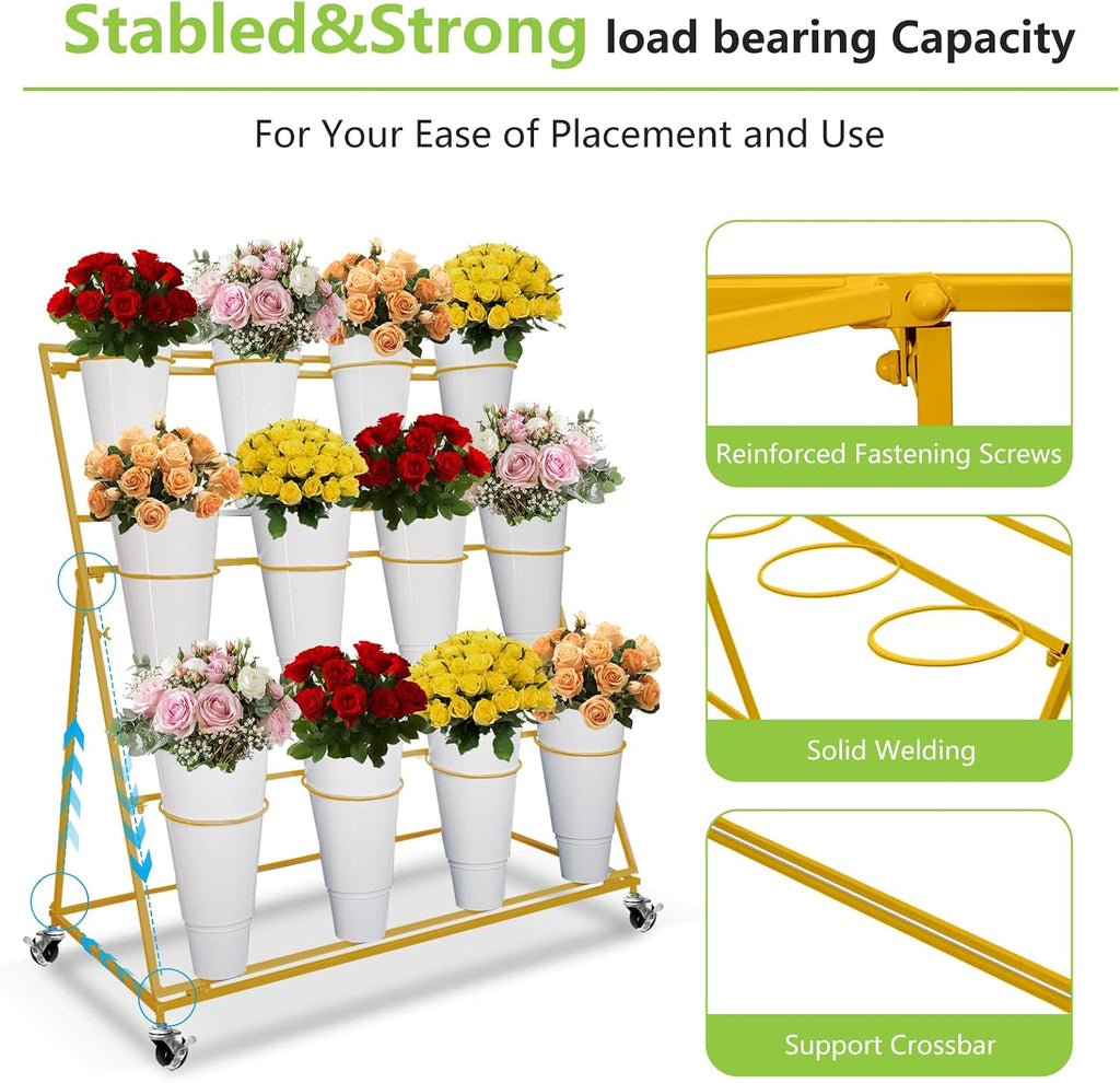 Flower Display Stand with 12 Buckets,with Wheels, 3 Layers White Moving Florist Bouquet Shelf, for Patio Garden，Outdoor Flower Pop-Up Events，Flower Cart Display Stand