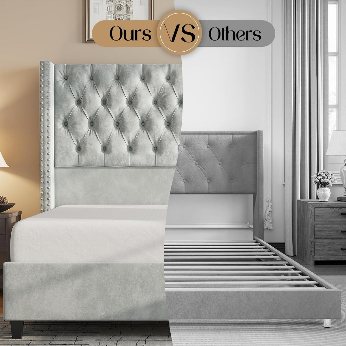 Jocisland King Size Bed Frame with 51.6' Wingback Tufted Velvet Headboard, Modern Upholstered Platform Bed, No Box Spring Needed, Easy Assembly, Light Grey