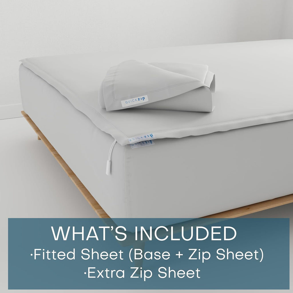 QuickZip Fitted Plus Spare Bundle: 1 Fitted Sheet (Base + Zip Sheet) & 1 Zip Sheet - Easy to Change, Won't Pop Off - Soft Percale 400 TC 100% Cotton - 16' Deep Pockets Queen Size – Misty Gray