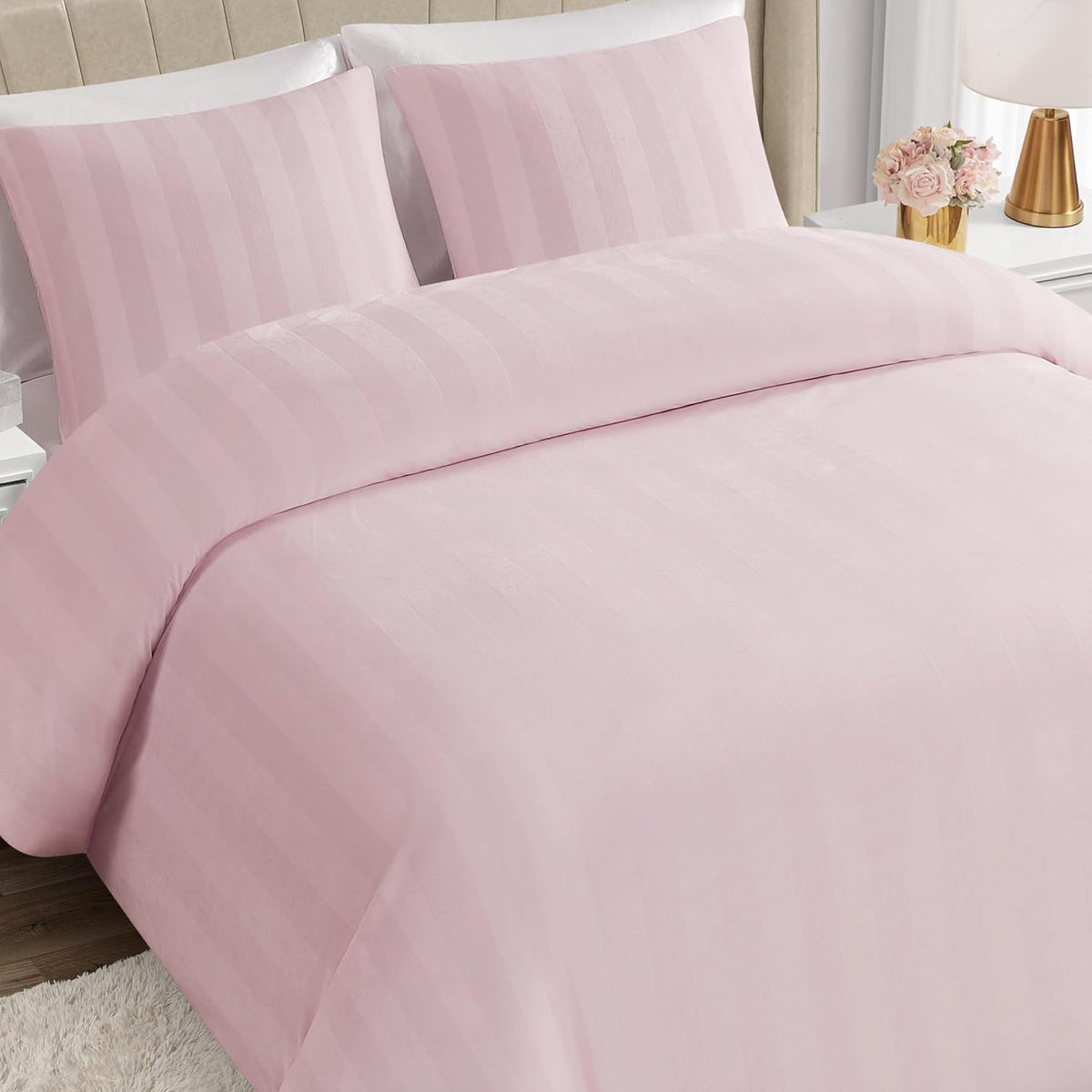 Juicy Couture Jenny Velour Striped Jacquard King Size Comforter Bedding Set Ensemble - Pink 3 Piece Set