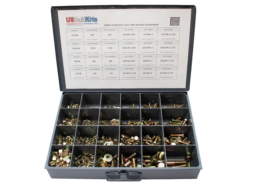 1250 Piece Grade 8 SAE Fine Thread Hex Head Bolt, Washer, Nut Assortment