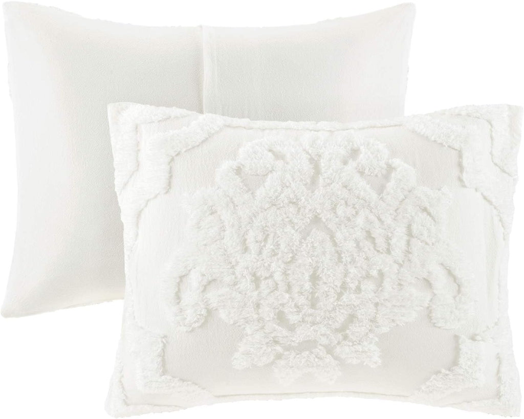Madison Park Tufted Chenille Cotton Comforter, All Season Bedding Set, Matching Shams, Viola, Damask Off White Full/Queen(90'x90') 3 Piece