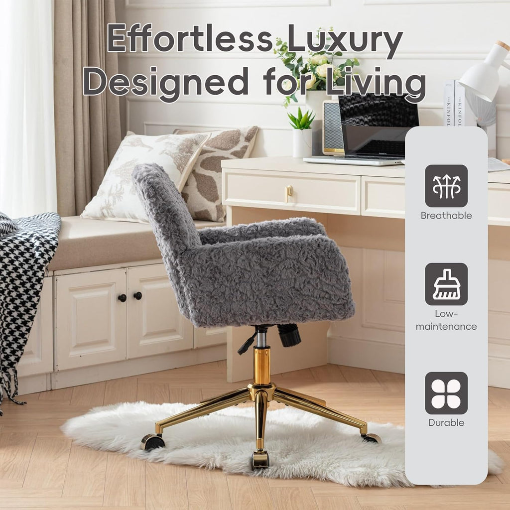 Plush Faux Fur Desk & Vanity Chair with Gold Base – Comfy Adjustable Girls Desk Chair, Makeup Chair, 360° Swivel, Tilt Backrest, Rolling Wheels – Modern Chic Home Office Seating,Grey