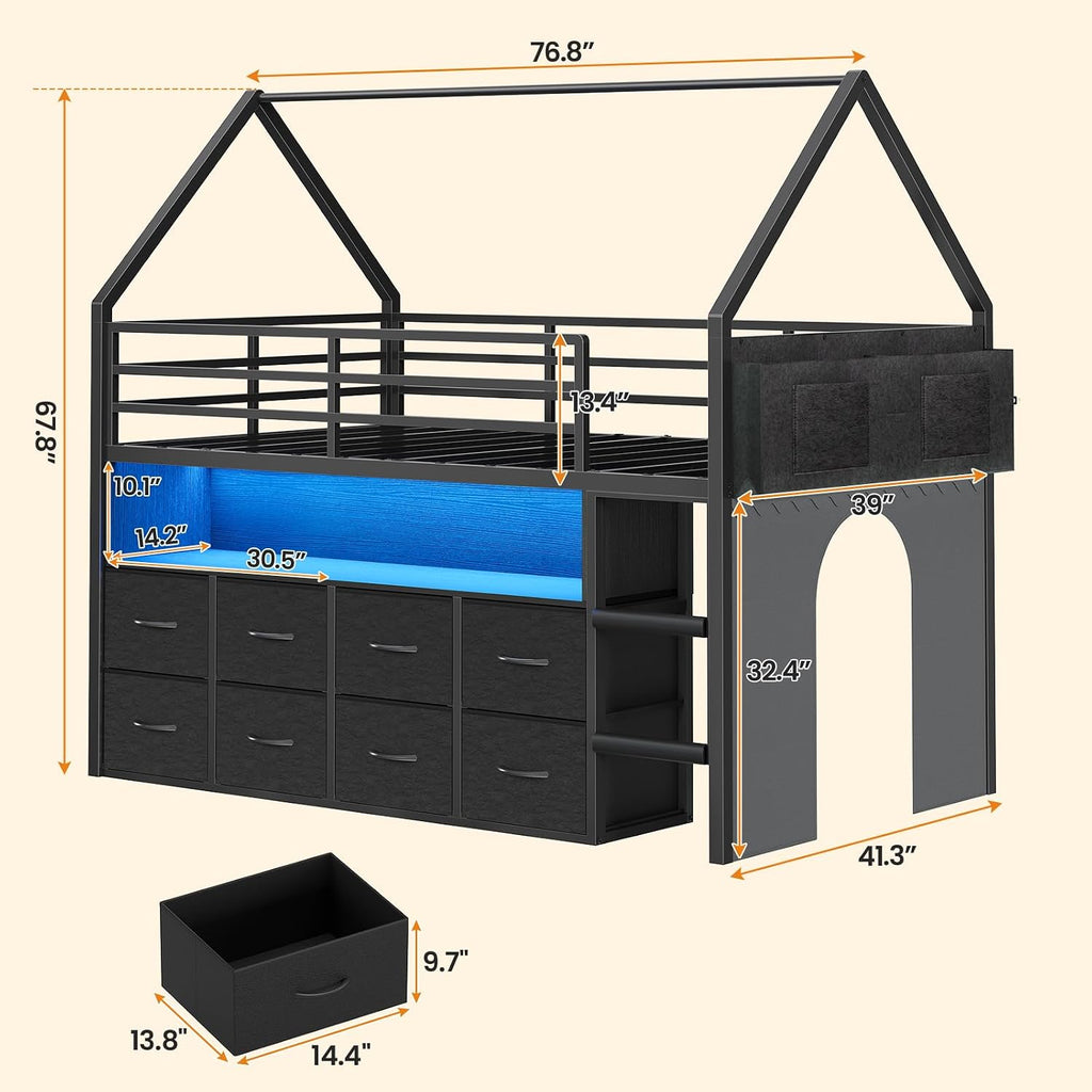 BTHFST Twin Size Loft Bed for Kids, 8 Storage Drawers & LED Lights, House Shaped Metal Bed with Bookcase, Soft Foam Ladder, 13.4' Safety Guardrail, Space Saving, Fun Curtain