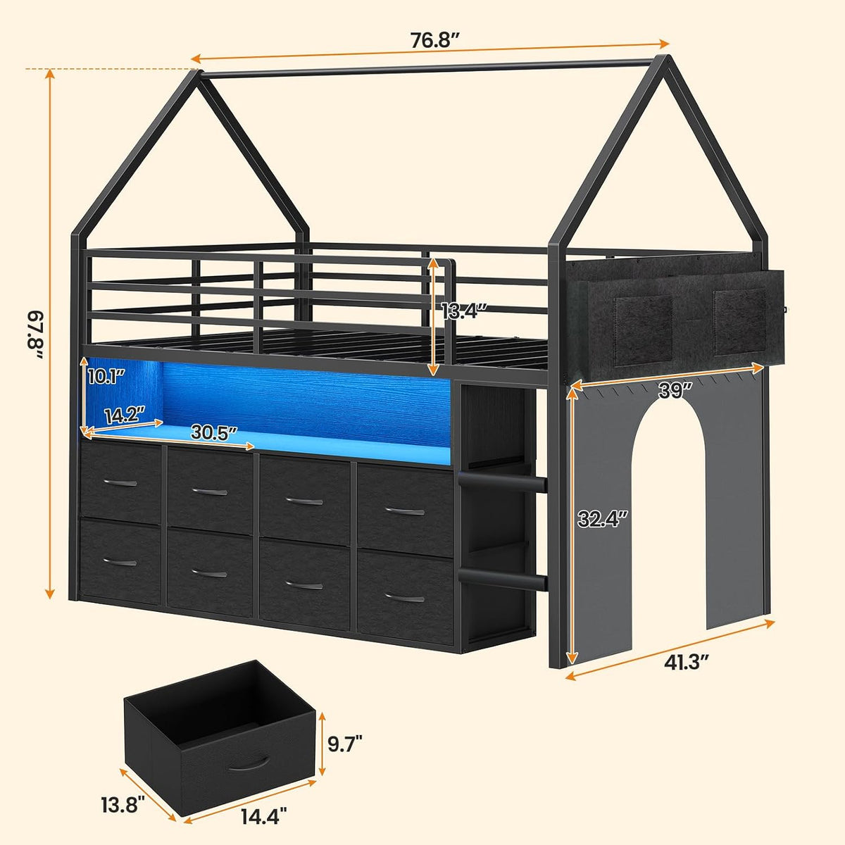 BTHFST Twin Size Loft Bed for Kids, 8 Storage Drawers & LED Lights, House Shaped Metal Bed with Bookcase, Soft Foam Ladder, 13.4' Safety Guardrail, Space Saving, Fun Curtain
