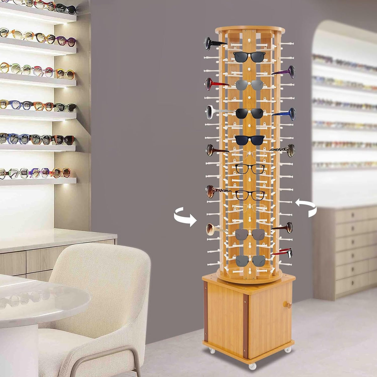 Sunglasses Storage Display Stand with Wheels Glasses Rack Organizer 5-Sided Eyewear Display Rack with Storage Cabinet for Home Retail Stores Shopping Malls, 66.14' (Light Brown)