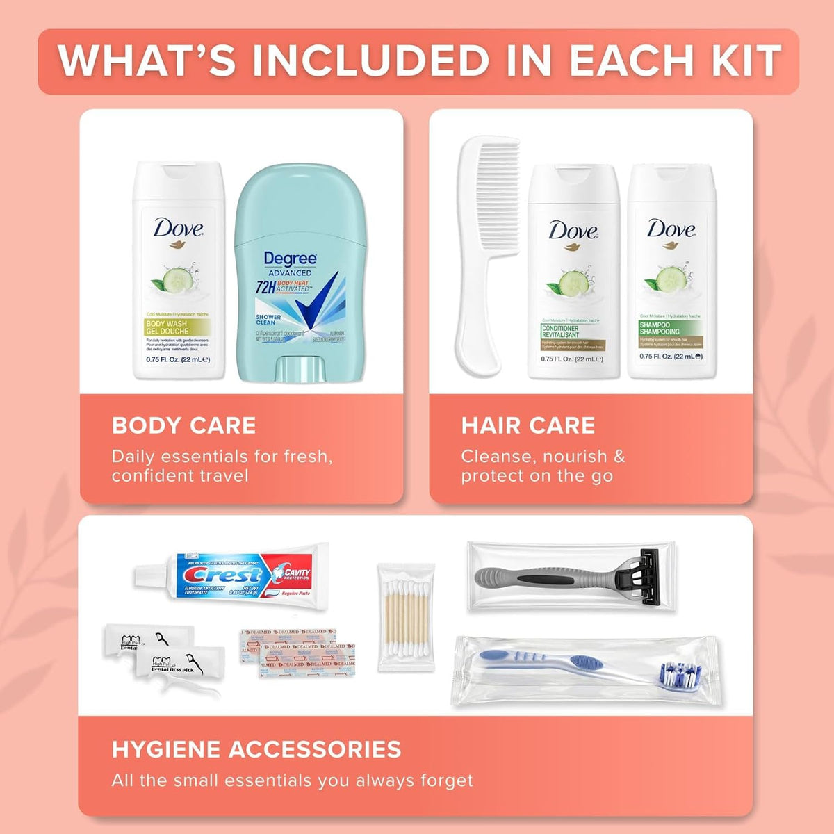Women's 12 Piece Travel Hygiene Kit, Travel Size Toiletries Set with Cosmetic Bag, Carry On Essentials for Flights, Weekend Overnight Stay, Emergency Kit (100 Pack)