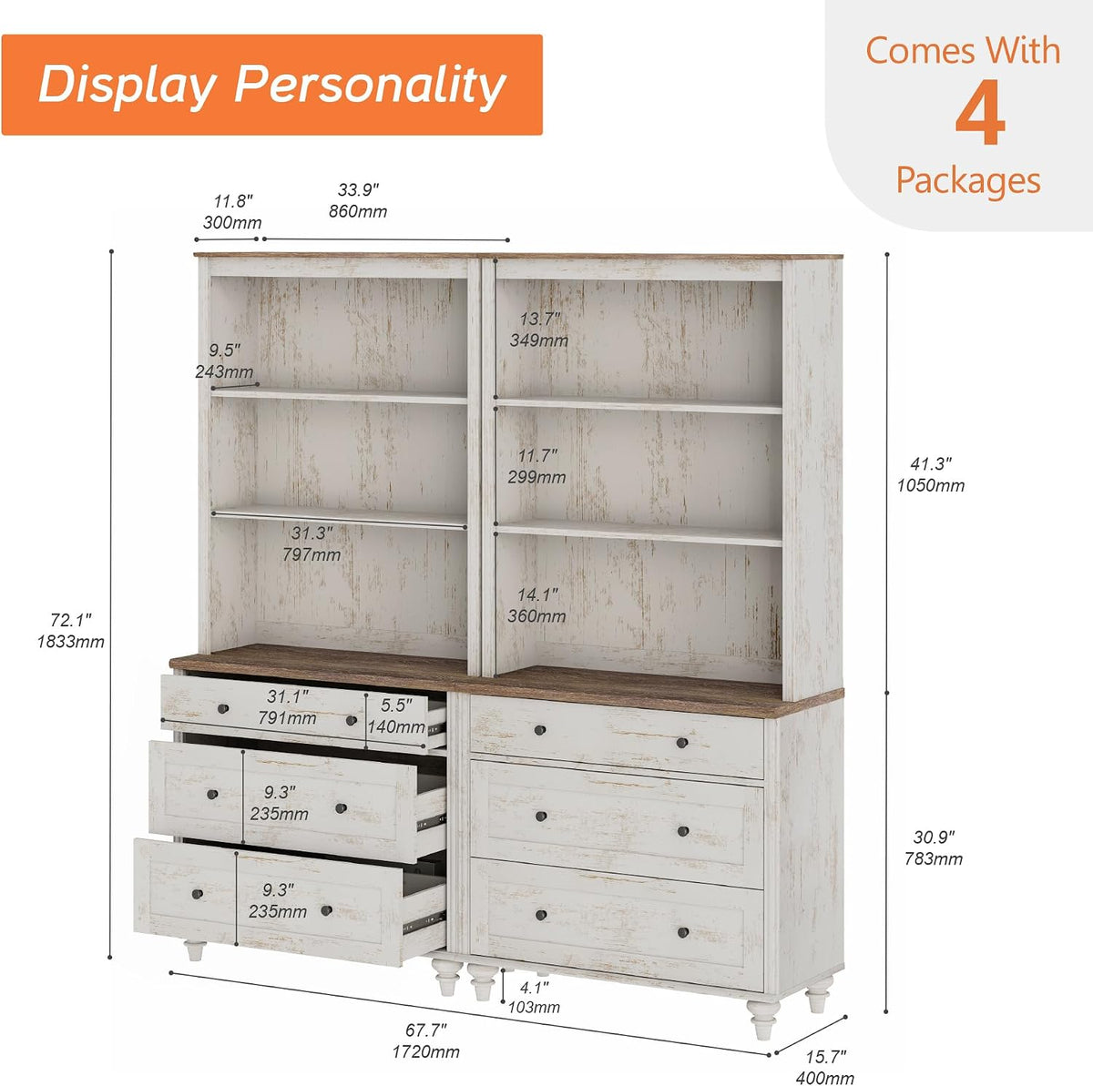 WAMPAT 3 Tier Bookshelf with 3 Drawers, 72' Tall Bookcase Large Farmhouse Display Book Case Shelf with 3-Tier Open Book Shelfs，Library Wood Bookshelves for Living Room,Kitchen, Rustic White (2PCS)