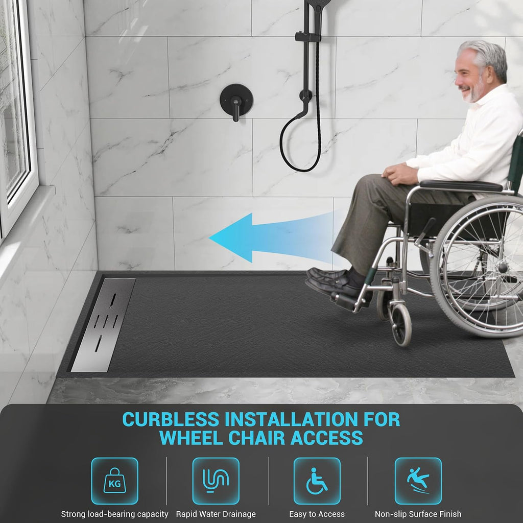 60' x 36' Zero Threshold Shower Pan with Reversible Drain, Non-Slip SMC Shower Base for Wheel Chair Access, Includes 3-Sided Aluminum Waterproof Strip (Black)