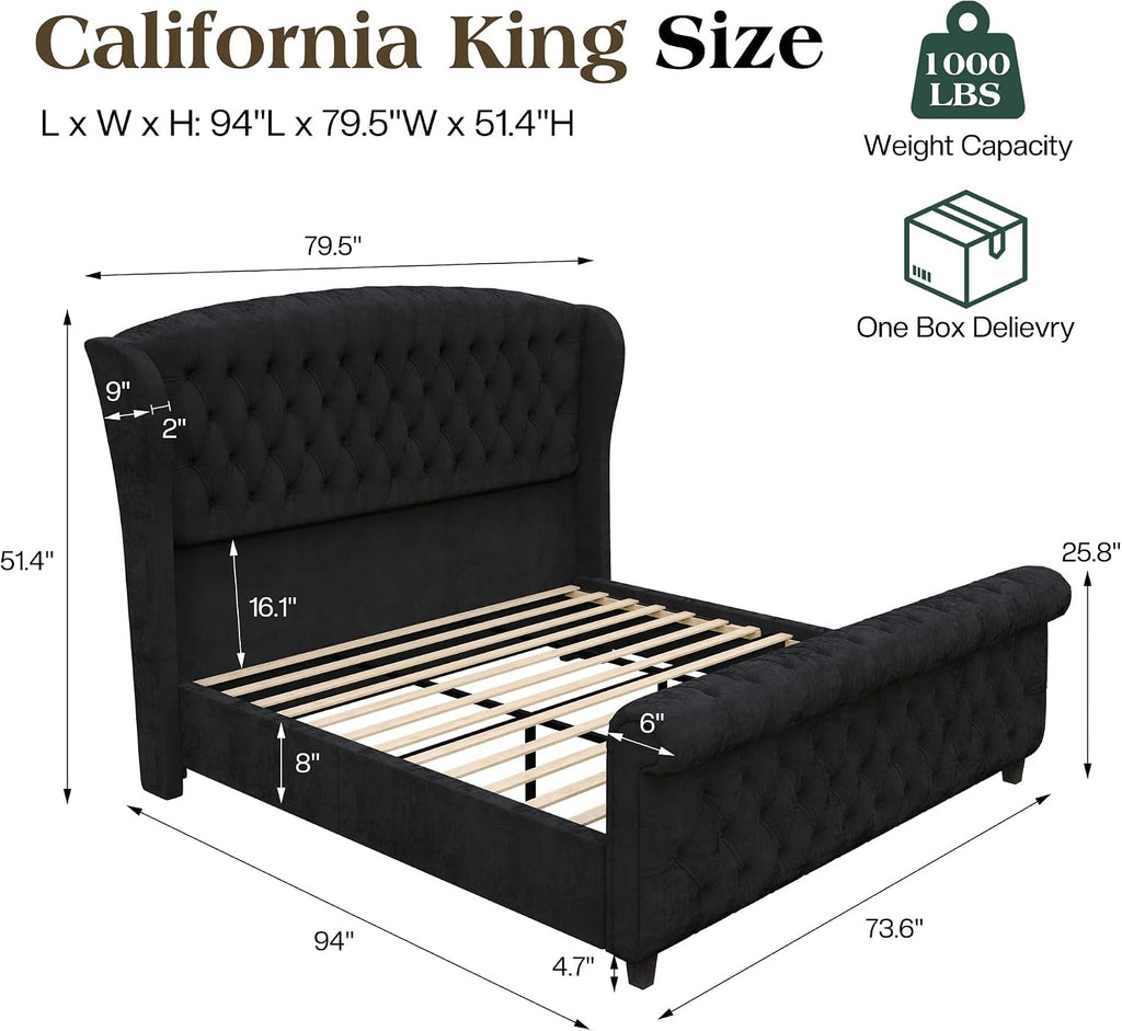 LUXOAK California King Size Platform Bed Frame, Velvet Upholstered Sleigh Bed with Curved Headboard & Footboard, Deep Button Tufted, Wood Slats Support, No Box Spring Needed, Black