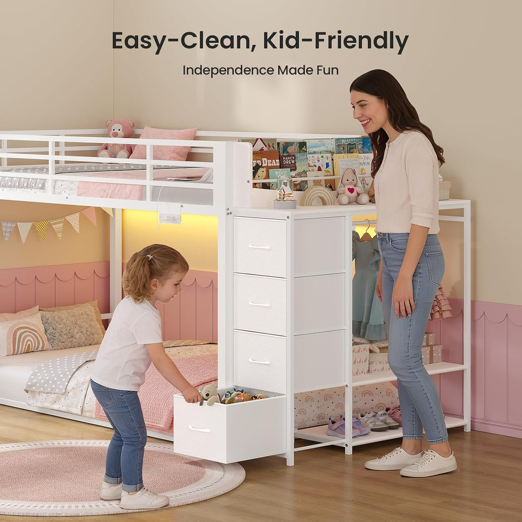 ADORNEVE Low Bunk Bed Twin Over Twin with Bookshelf, 4 Storage Drawers, Metal Kids Bunk Bed with Power Outlet & RGB Lights, Clothing Rack & Shelves, Safety Guardrail & Ladder, White
