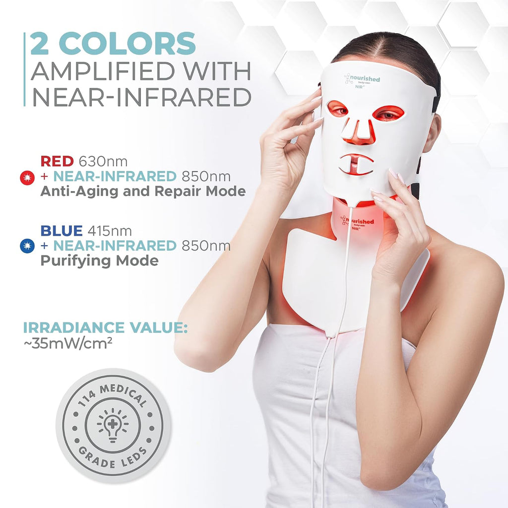 Nourished Bodynskin LED Face and Neck Mask with Near-Infrared - Blue, Red Light Therapy for Face - 228 LEDs - Skincare Tool for Wrinkles, Anti-Aging