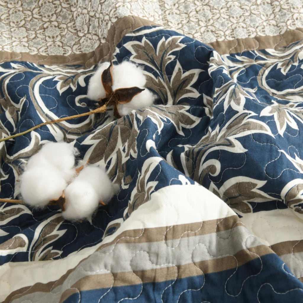 Uniclinens 100% Cotton Quilts Queen Size, Lightweight Botanical Striped Queen Quilt Bedding Set, Vintage Chic Reversible Quilted Bedspreads Coverlet Set, All Season, 3 Pieces, Navy Blue/Gray/Kharki