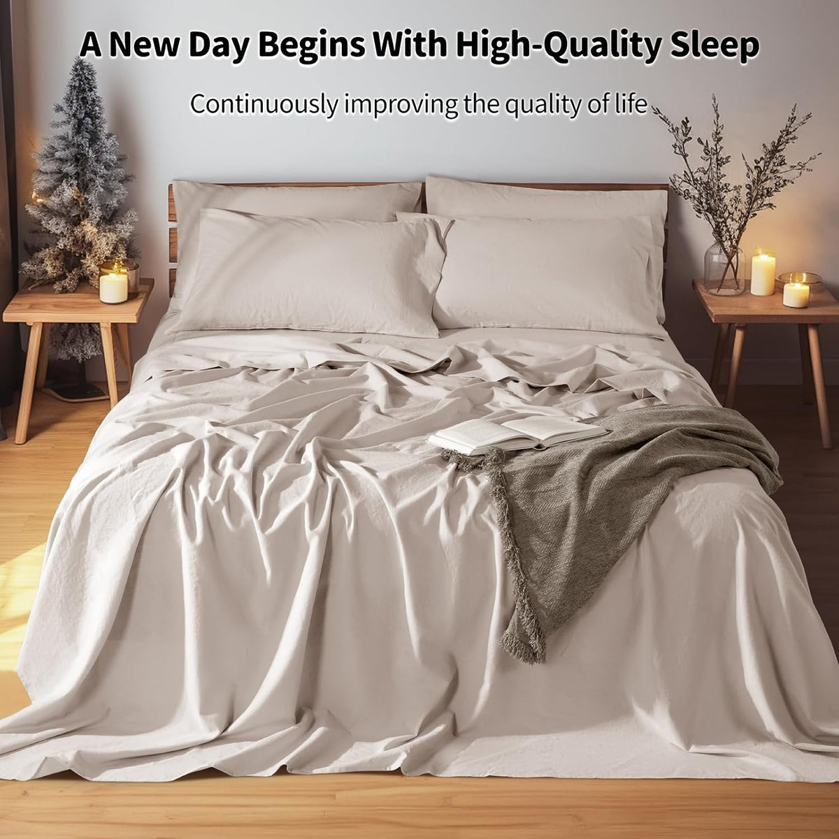 LBRO2M 100% Pure Linen Sheet Set Deep Pocket Up to 16' Bed Sheets Sets, Natural Flax Beddings Soft, Breathable, Comfortable for All Seasons 6 Pcs Sheet Set Queen Size, Linen