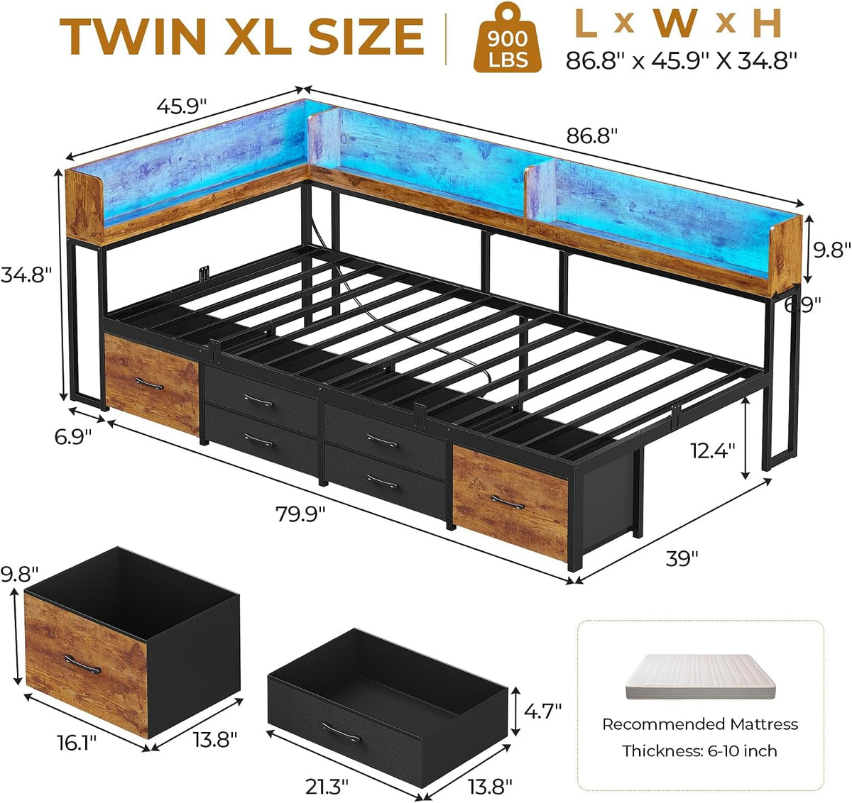 MSmask 14 Inch Corner Bed Frame with Bookcase Storage, Twin XL Daybed with 6 Drawers, Charging Station and LED Light, Twin XL Size Metal Platform Bed Frame for Kids Teenagers, Black & Vintage Brown