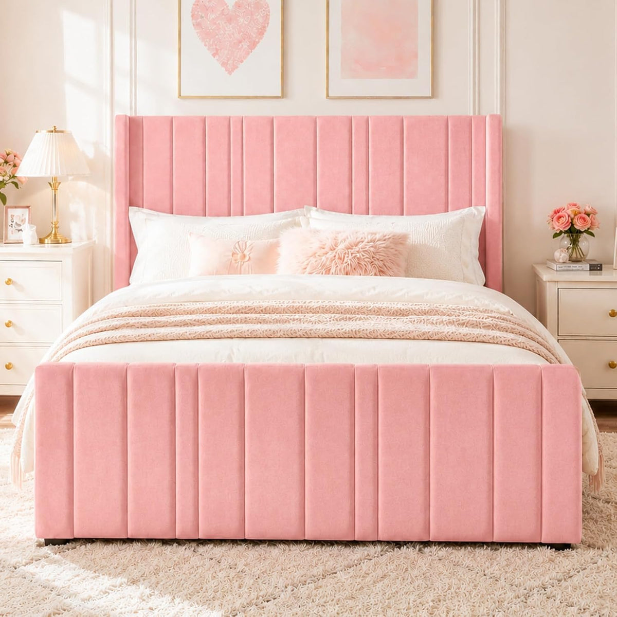 HOMBCK Pink Full Size Bed Frame Upholstered Bed with Velvet Tufted Headboard & Footboard, Mattress Foundation/Wooden Slats/Noise Free/No Box Spring Needed/Easy Assembly